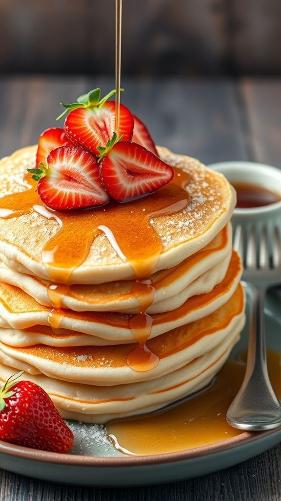 Fluffy pancakes topped with strawberries and syrup on a wooden table.